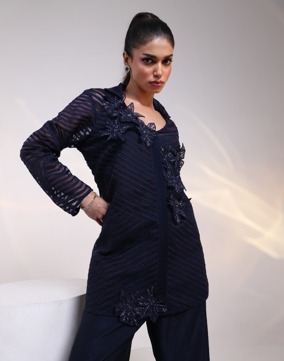 Navy Blue Co-Ord Set with Textured Mesh Shirt Geometric Cord Patterns & 3D Floral Bootas Wide-Leg Trousers_3