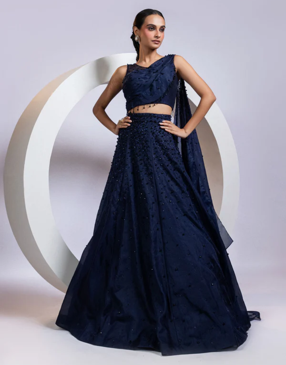 Navy Blue Drape Lehenga Set with One-Shoulder Blouse and Crystal Embellished Skirt