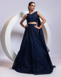 Navy Blue Drape Lehenga Set with One-Shoulder Blouse and Crystal Embellished Skirt