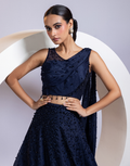 Navy Blue Drape Lehenga Set with One-Shoulder Blouse and Crystal Embellished Skirt_1
