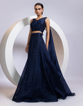 Navy Blue Drape Lehenga Set with One-Shoulder Blouse and Crystal Embellished Skirt_2