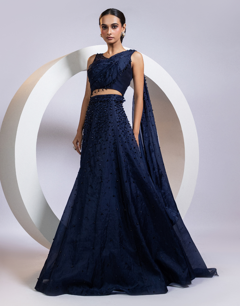 Navy Blue Drape Lehenga Set with One-Shoulder Blouse and Crystal Embellished Skirt_2