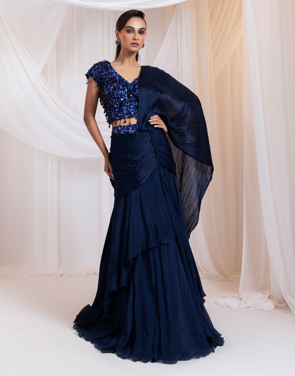Navy Blue Drape Set with Sequin Embellished Blouse, Layered Pleated Skirt & Matching Dupatta
