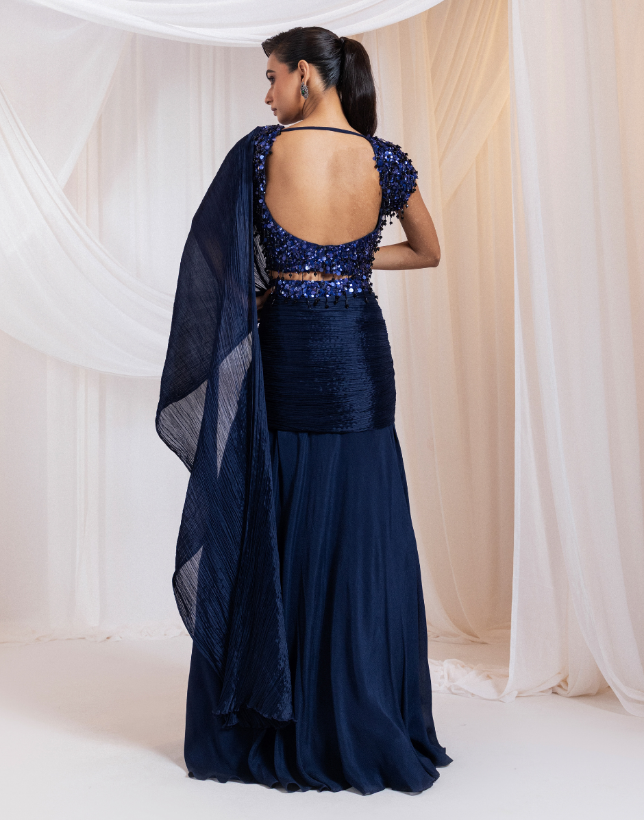 Navy Blue Drape Set with Sequin Embellished Blouse, Layered Pleated Skirt & Matching Dupatta_1