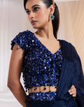 Navy Blue Drape Set with Sequin Embellished Blouse, Layered Pleated Skirt & Matching Dupatta_2
