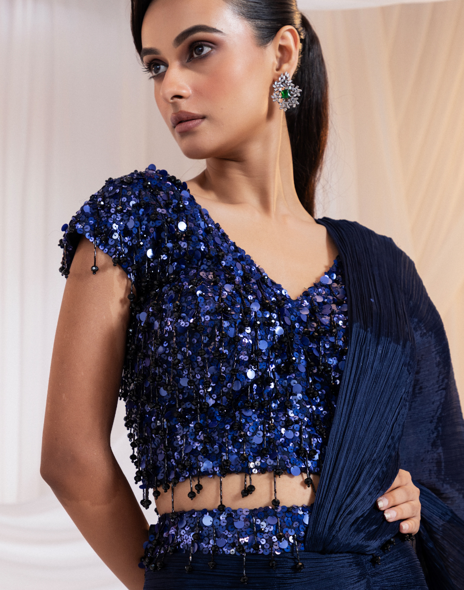 Navy Blue Drape Set with Sequin Embellished Blouse, Layered Pleated Skirt & Matching Dupatta_2