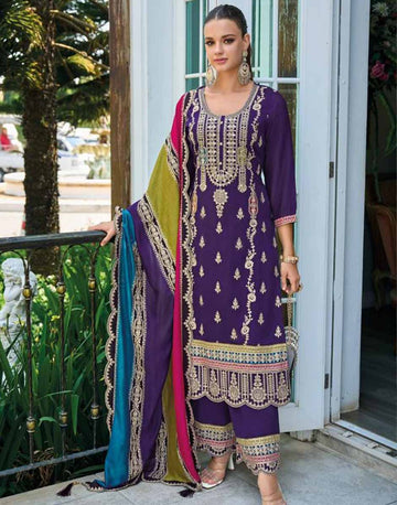 Navy Blue Embroidered Sequence Work Kurta Palazzo & Dupatta Set