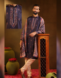 Navy Blue Floral Ethnic Set Kurta, Pajama & Dupatta in Poly Spun Pashmina