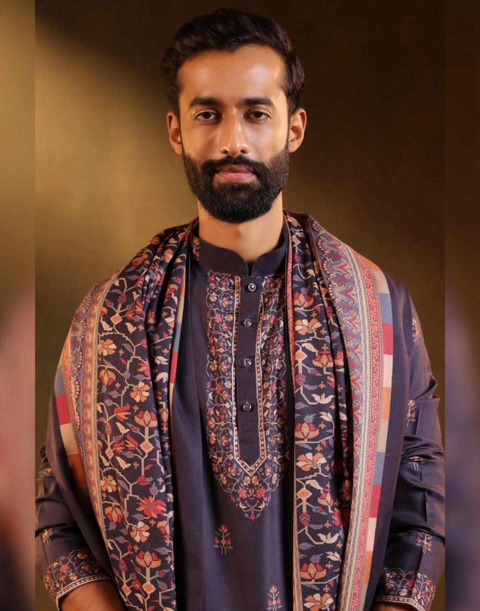 Navy Blue Floral Ethnic Set Kurta, Pajama & Dupatta in Poly Spun Pashmina_1