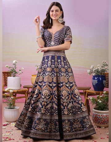Navy Luxury Satin Silk Gowns with Digital Prints Swarovski Crystal Embellishments