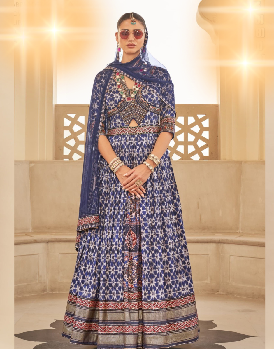 Navy Printed Embellished Art Silk Gown with Net Dupatta Elegant Ethnic Wear for Women