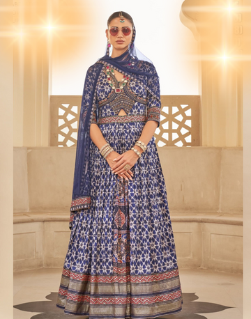 Navy Printed Embellished Art Silk Gown with Net Dupatta Elegant Ethnic Wear for Women