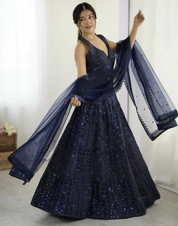 Navy Sequins Embellished Lehenga Choli Set Ethnic Party & Festive Look