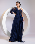 Navy Two-Piece Set with Hand-Embellished Crystal Bodice Dress & One-Shoulder Organza Cape