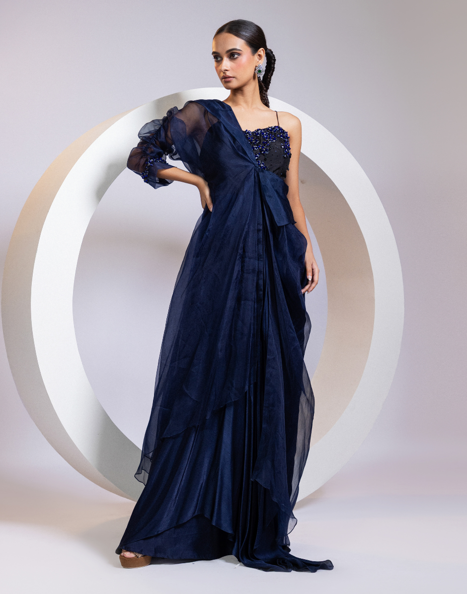 Navy Two-Piece Set with Hand-Embellished Crystal Bodice Dress & One-Shoulder Organza Cape