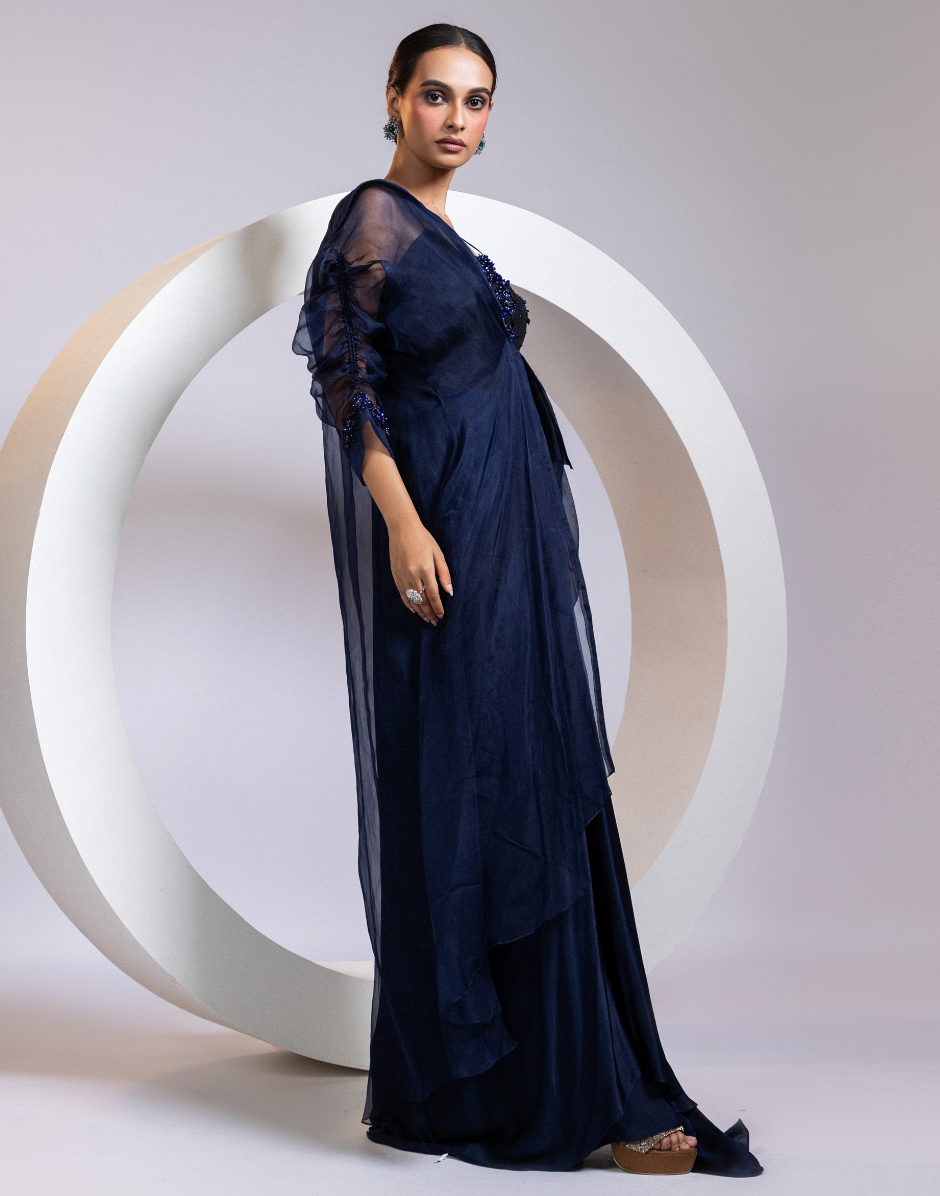 Navy Two-Piece Set with Hand-Embellished Crystal Bodice Dress & One-Shoulder Organza Cape Navy / XL / 7 Days Navy Two-Piece Set with Hand-Embellished Crystal Bodice Dress & One-Shoulder Organza Cape Navy / XL / 7 Days