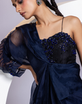 Navy Two-Piece Set with Hand-Embellished Crystal Bodice Dress & One-Shoulder Organza Cape_3
