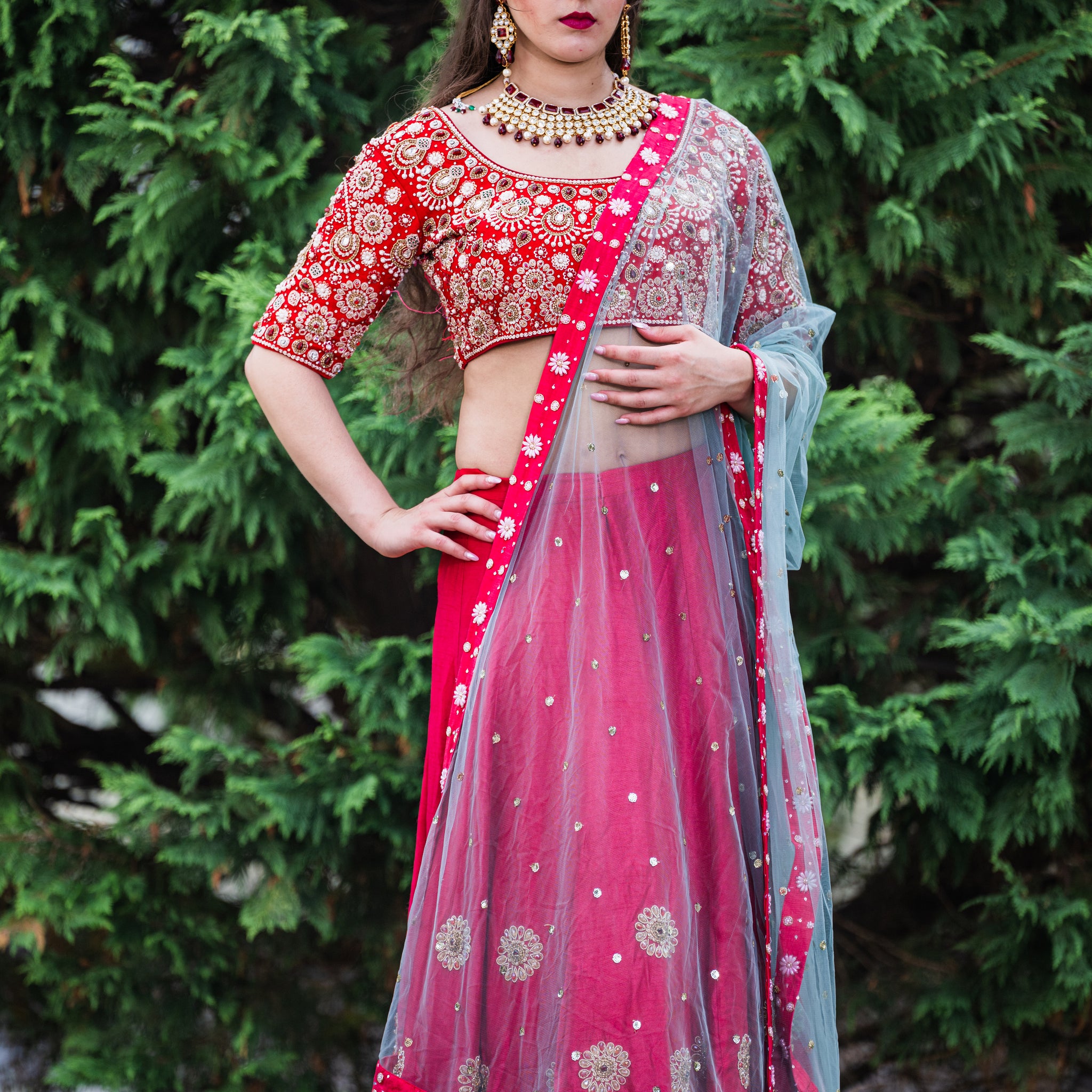 Red Floral Embroidery Lehenga & Choli - Rent