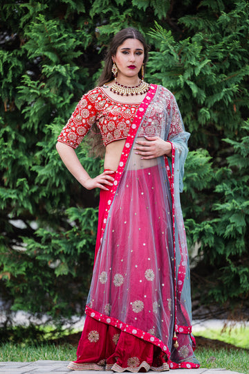 Red Floral Embroidery Lehenga & Choli - Rent