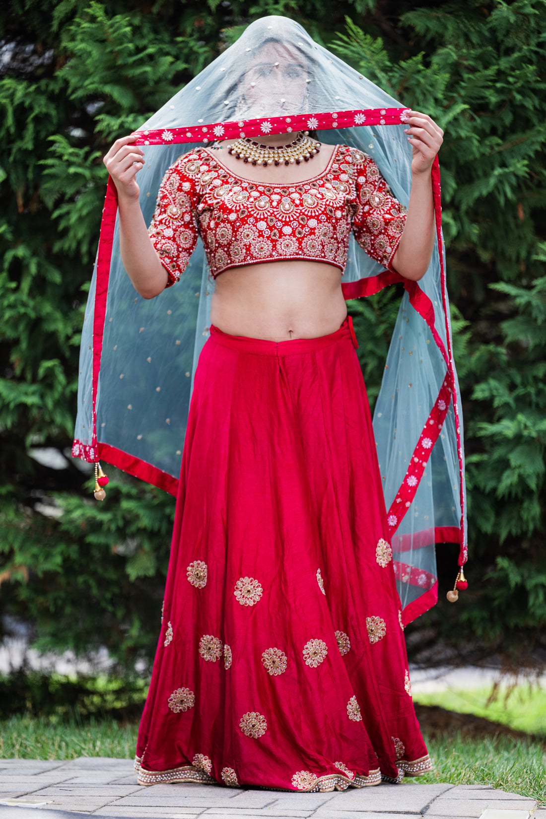 Red Floral Embroidery Lehenga & Choli - Rent