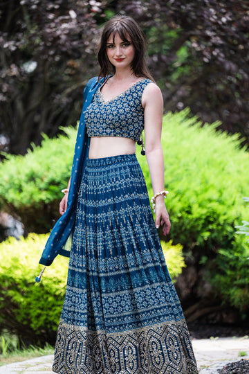 Blue  Pure Silk Sequins And Organza  Lehenga Choli & Dupatta - Rent