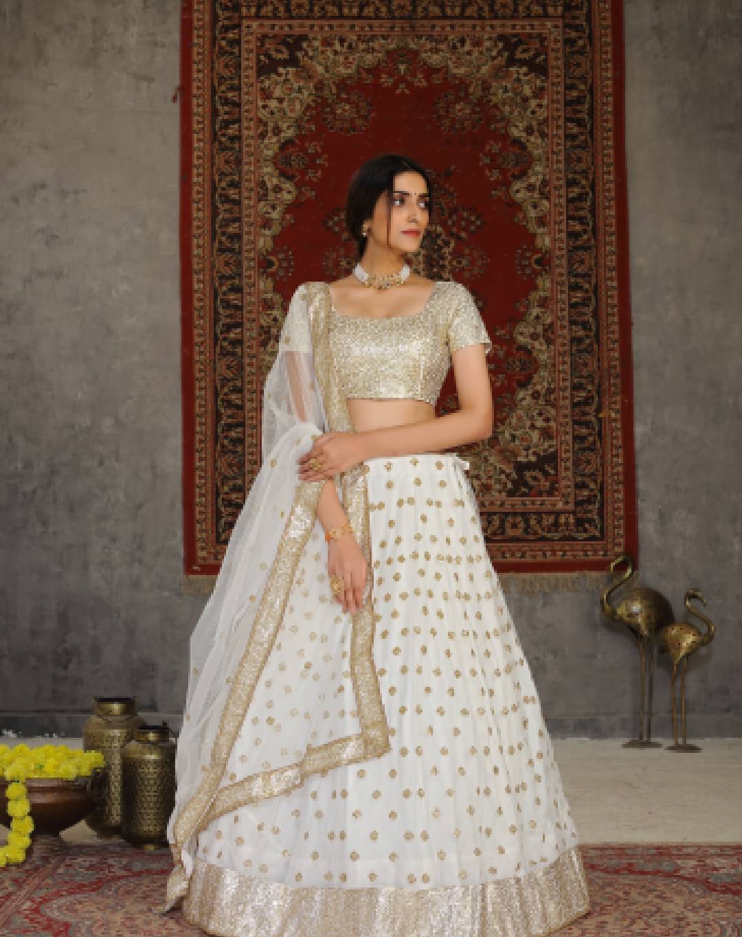 Off White Golden Embroidered  Net Lehenga