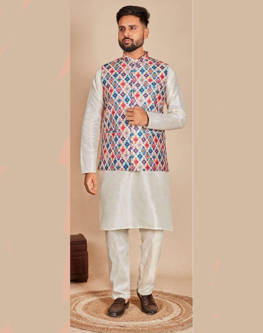 Men's Multi Color Kurta Jacket Set - Rent