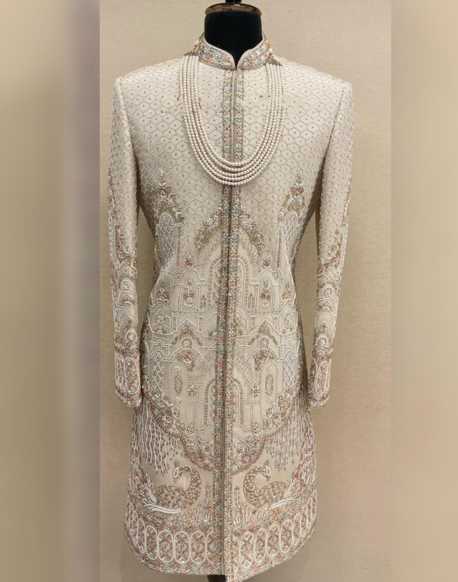 Noble Charm Fawn Embroidered & Embellished Sherwani Ensemble