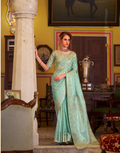 Ocean Mist Sea Green Satin Banarasi Silk Saree with Royal Vibes - Buy