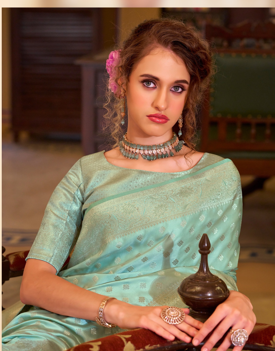 Ocean Mist Sea Green Satin Banarasi Silk Saree with Royal Vibes - Buy_1