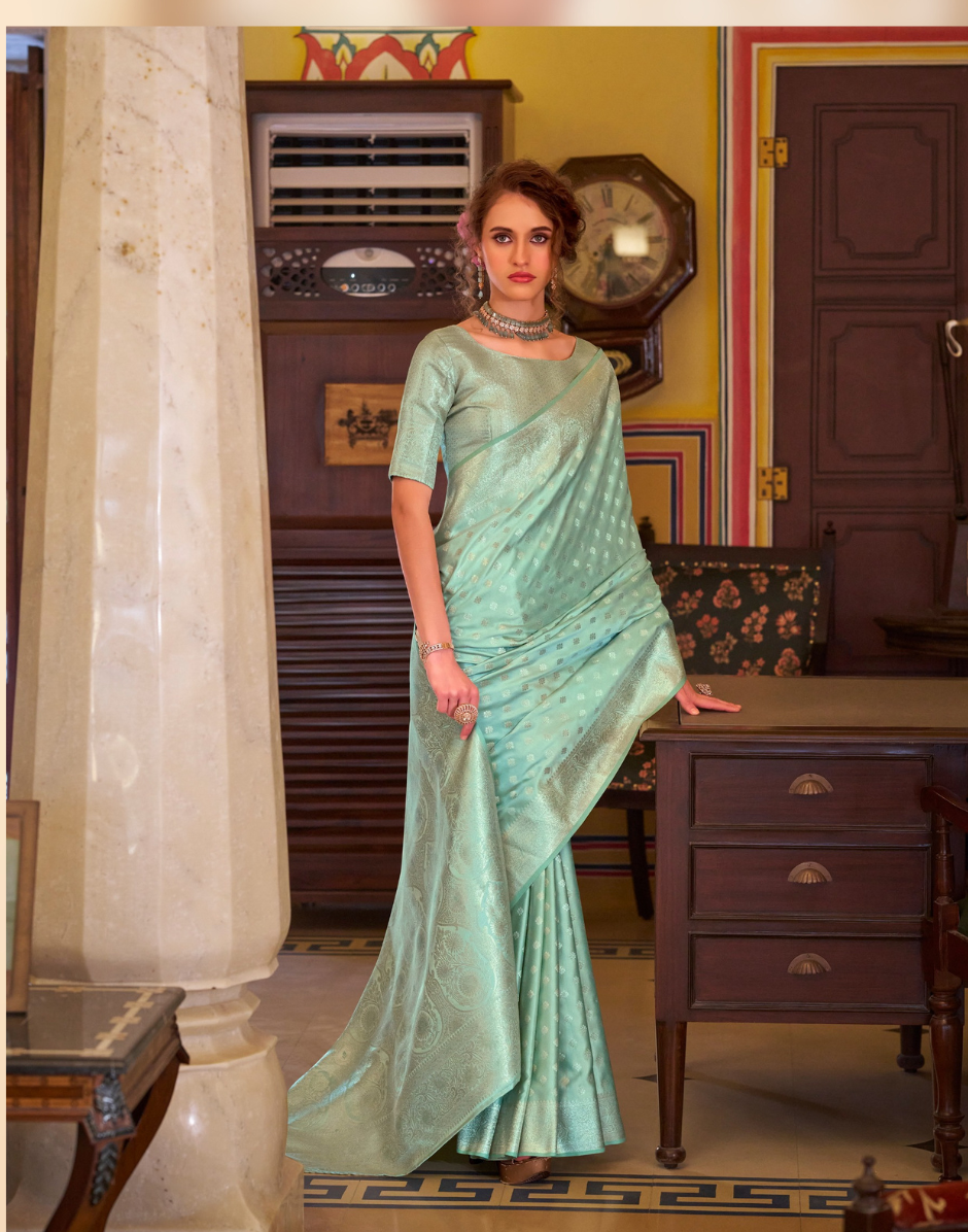 Ocean Mist Sea Green Satin Banarasi Silk Saree with Royal Vibes - Buy_2