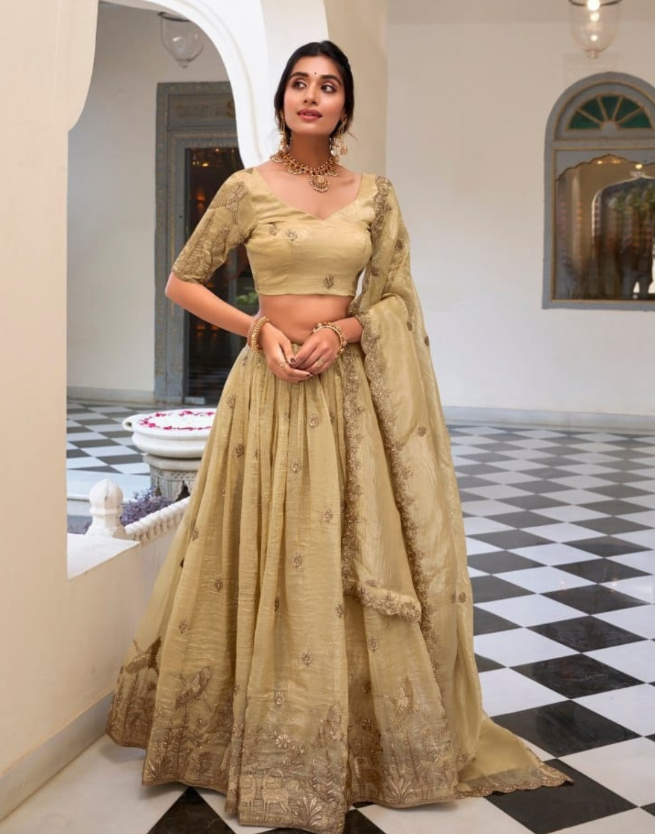 Off-White Sequins Thread Embroidered Lehenga Blouse with Dupatta Elegant Wedding Festive Wear