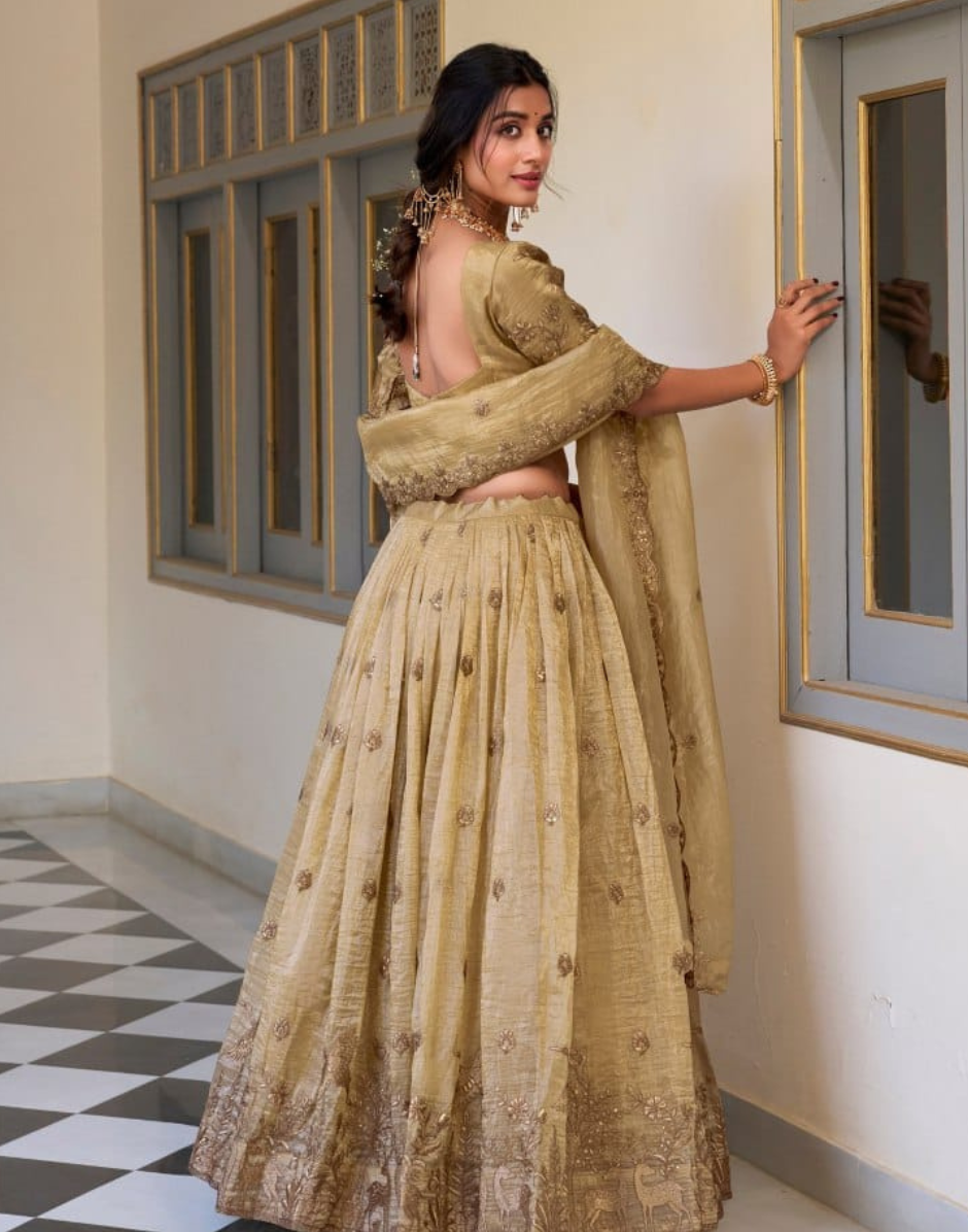 Off-White Sequins Thread Embroidered Lehenga Blouse with Dupatta Elegant Wedding Festive Wear