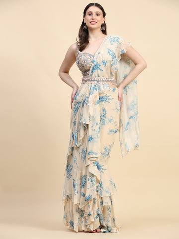 Off White & Light Blue Ruffle Saree Set-Rent