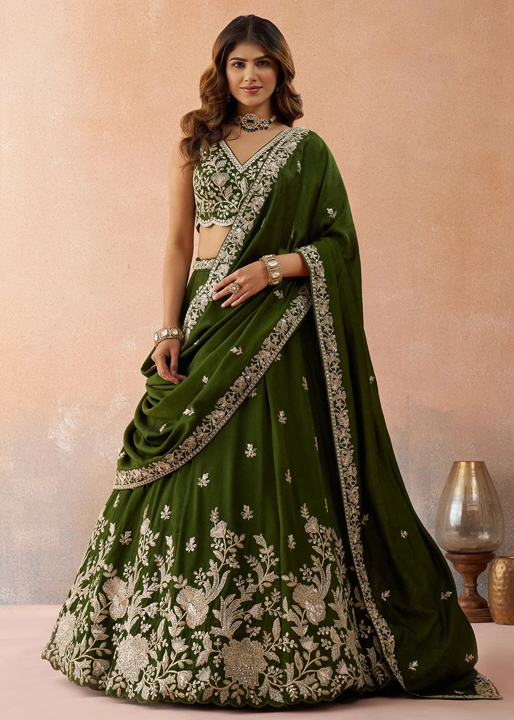 Olive Green Sequins Embroidered Lehenga for Mehendi - RENT