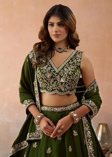 Olive Green Sequins Embroidered Lehenga for Mehendi - RENT