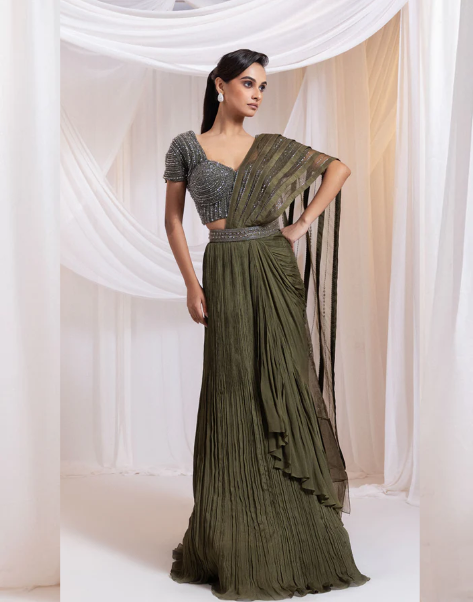 Olive Draped Saree Set with Beaded Crystal Bodice & Pleated Flare Skirt