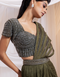 Olive Draped Saree Set with Beaded Crystal Bodice & Pleated Flare Skirt_1