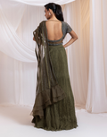 Olive Draped Saree Set with Beaded Crystal Bodice & Pleated Flare Skirt_2