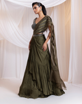 Olive Draped Saree Set with Beaded Crystal Bodice & Pleated Flare Skirt_3