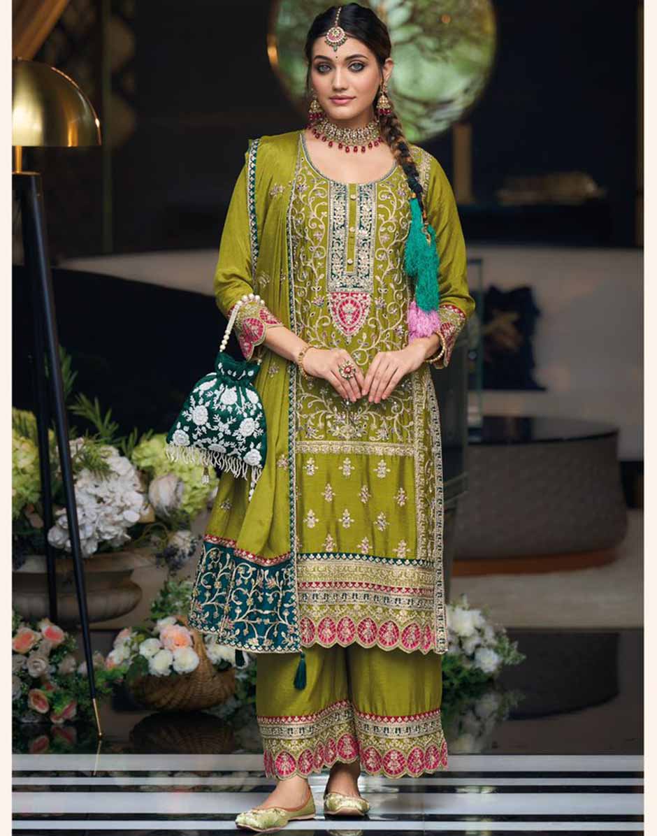 Olive Embroidered & Sequins Round Neck Straight Top Palazzo and Dupatta Set