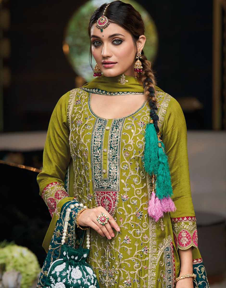 Olive Embroidered & Sequins Round Neck Straight Top Palazzo and Dupatta Set