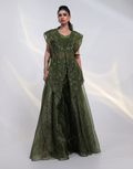 Olive Green Layered Set with Bustier, Sheer Embroidered Overlay Jacket with Sharara Pants