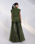 Olive Green Layered Set with Bustier, Sheer Embroidered Overlay Jacket with Sharara Pants_1