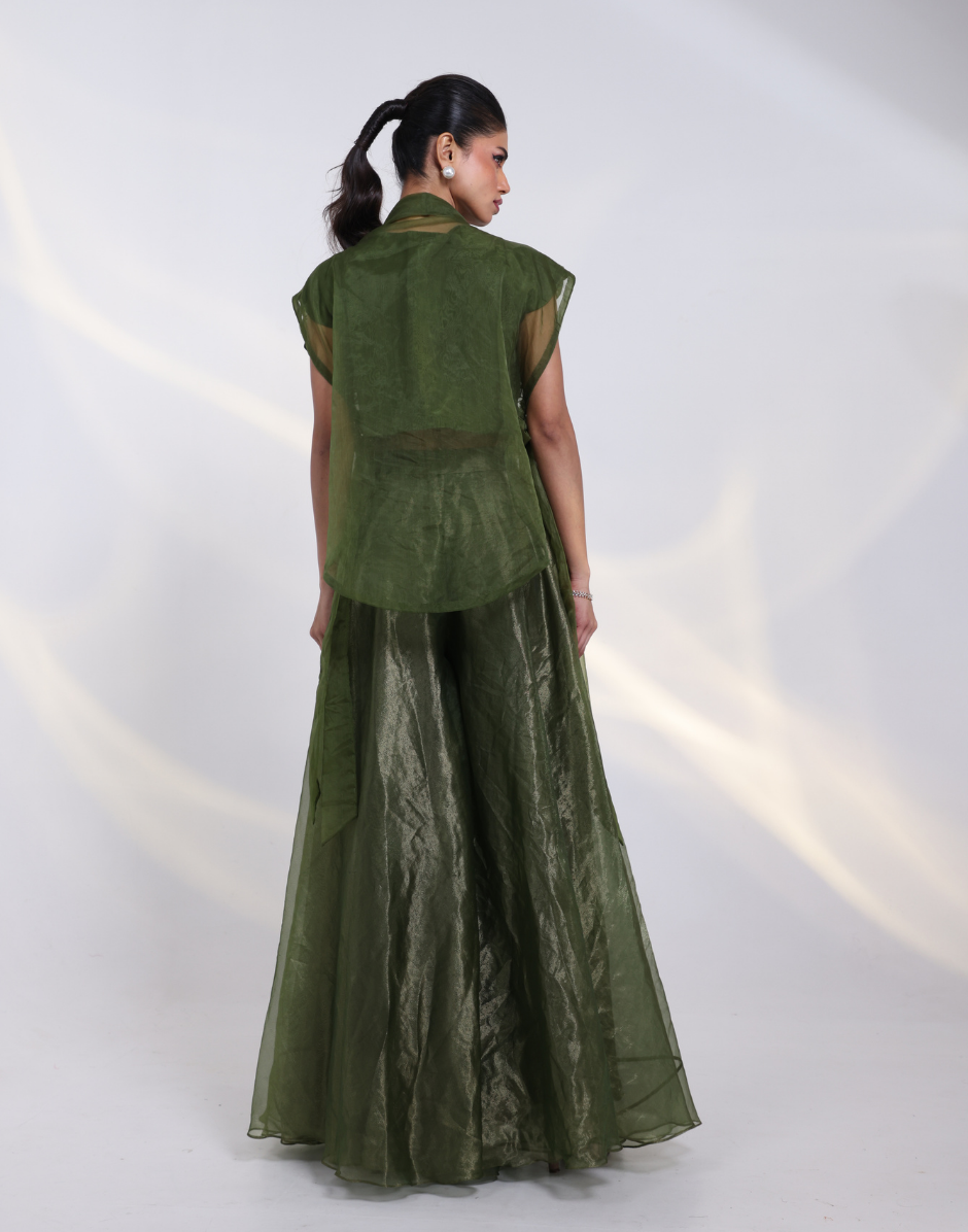 Olive Green Layered Set with Bustier, Sheer Embroidered Overlay Jacket with Sharara Pants_1