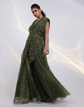 Olive Green Layered Set with Bustier, Sheer Embroidered Overlay Jacket with Sharara Pants_2