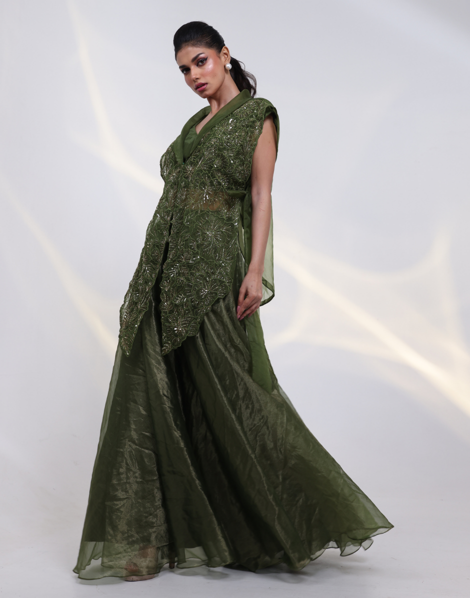 Olive Green Layered Set with Bustier, Sheer Embroidered Overlay Jacket with Sharara Pants_2