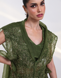 Olive Green Layered Set with Bustier, Sheer Embroidered Overlay Jacket with Sharara Pants_4