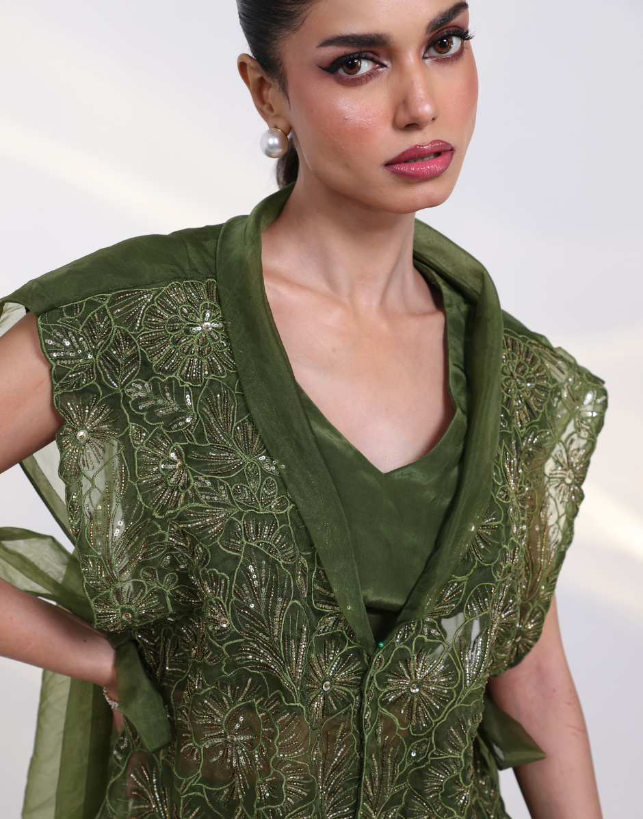 Olive Green Layered Set with Bustier, Sheer Embroidered Overlay Jacket with Sharara Pants_4