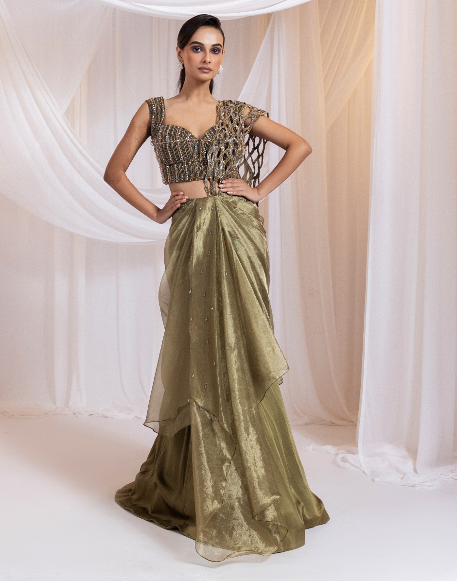 Olive Pre-Draped Saree with Metallic Embroidered Blouse 